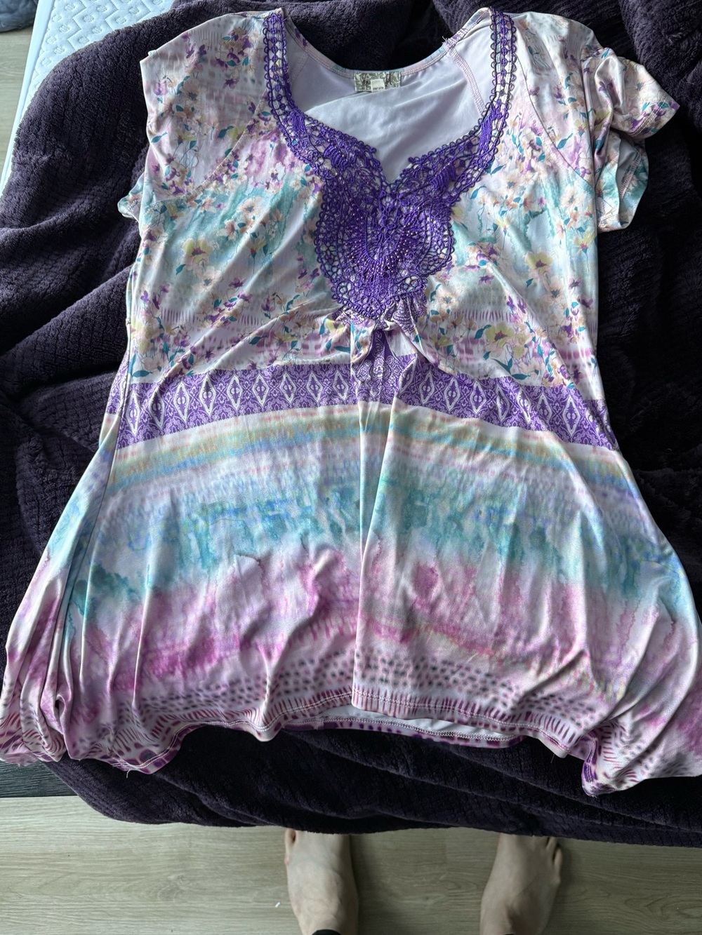 ONE WORLD Pastel Tie-Dye Tunic with Purple Crochet Detail